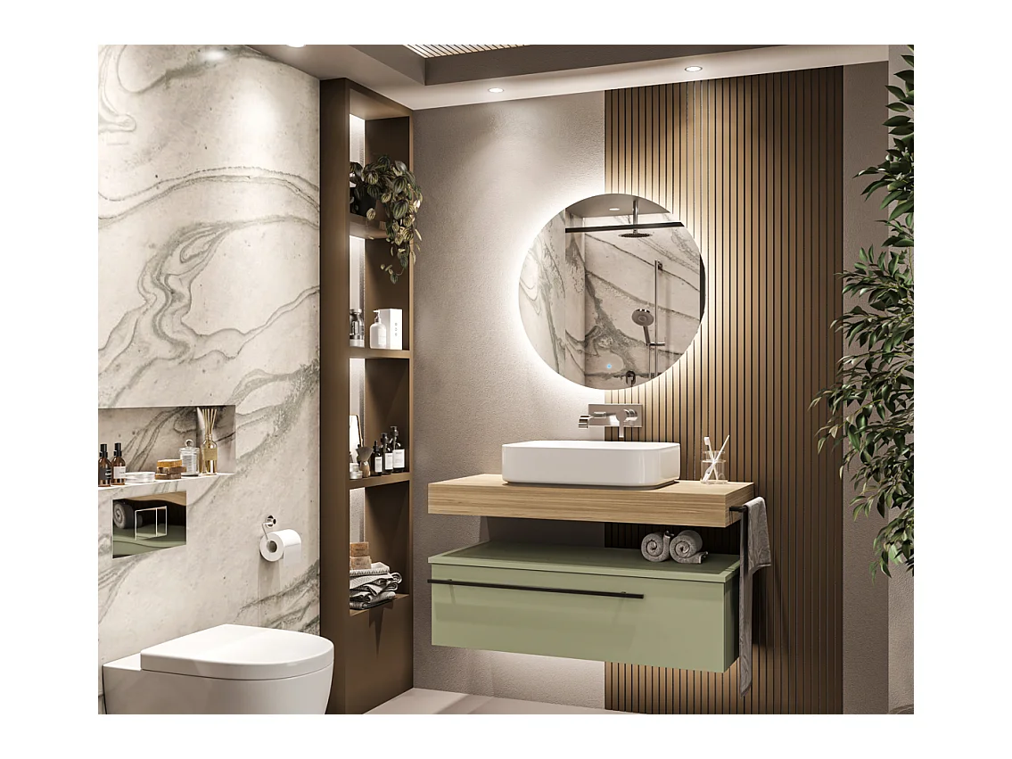 Mobile bagno Top  L 100 x P 46 con lavabo in appoggio poro noce cassettiera verde salvia specchio illuminato e p.asciugamano