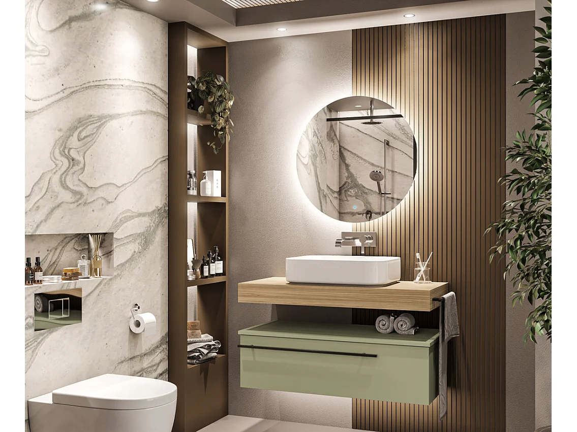 Mobile bagno Top  L 100 x P 46 con lavabo in appoggio poro noce cassettiera verde salvia specchio illuminato e p.asciugamano