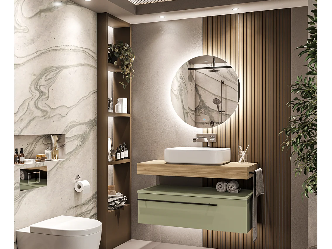 Mobile bagno Top  L 100 x P 46 con lavabo in appoggio poro noce cassettiera verde salvia specchio illuminato e p.asciugamano