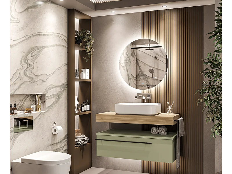 Mobile bagno Top  L 100 x P 46 con lavabo in appoggio poro noce cassettiera verde salvia specchio illuminato e p.asciugamano