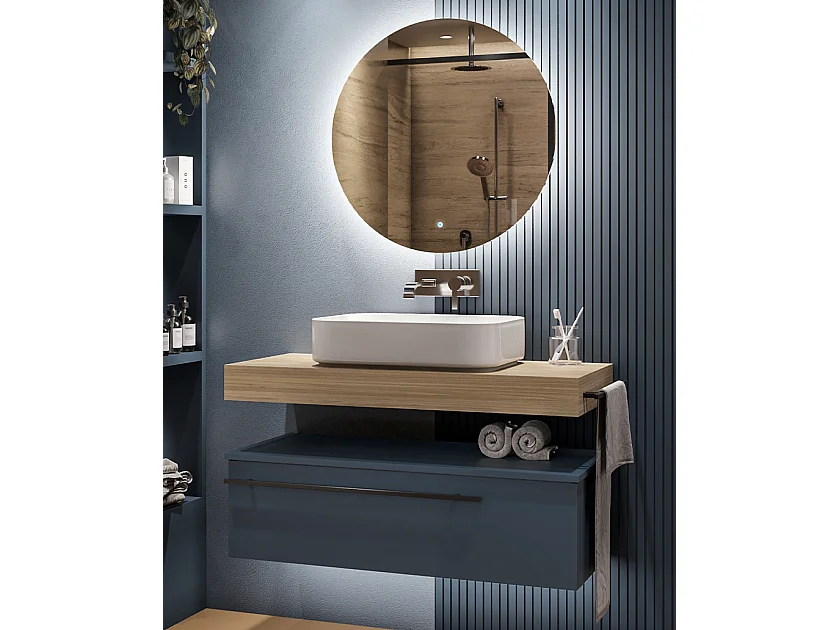 Mobile bagno Top L 100 x P 46 con lavabo in appoggio poro noce cassettiera blu oceano specchio illuminato e p.asciugamano