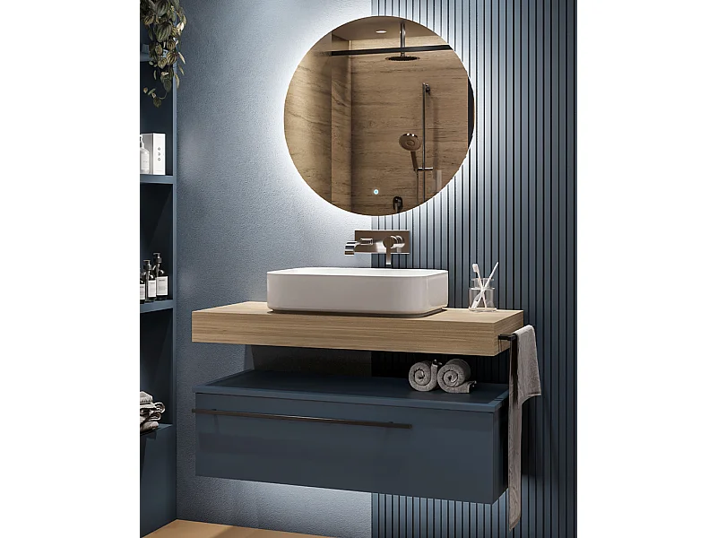 Mobile bagno Top L 100 x P 46 con lavabo in appoggio poro noce cassettiera blu oceano specchio illuminato e p.asciugamano