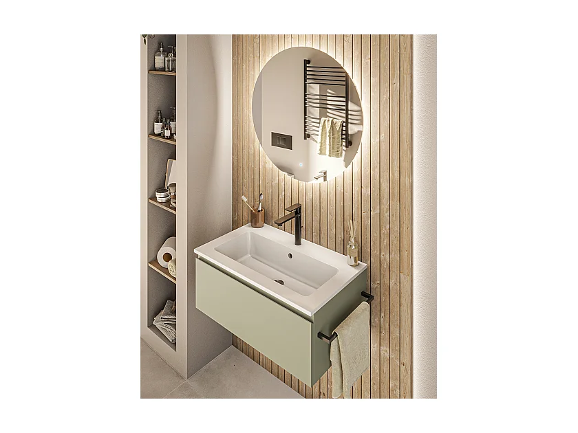 Mobile bagno sottolavabo con lavabo ad incasso L 70 x H 28 x P 46 specchio illuminato e porta asciugamano verde salvia