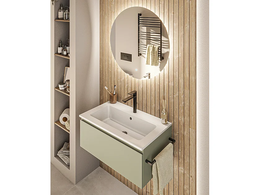 Mobile bagno sottolavabo con lavabo ad incasso L 70 x H 28 x P 46 specchio illuminato e porta asciugamano verde salvia