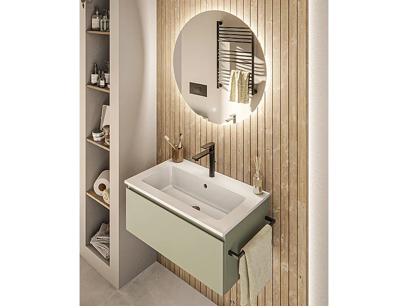 Mobile bagno sottolavabo con lavabo ad incasso L 70 x H 28 x P 46 specchio illuminato e porta asciugamano verde salvia