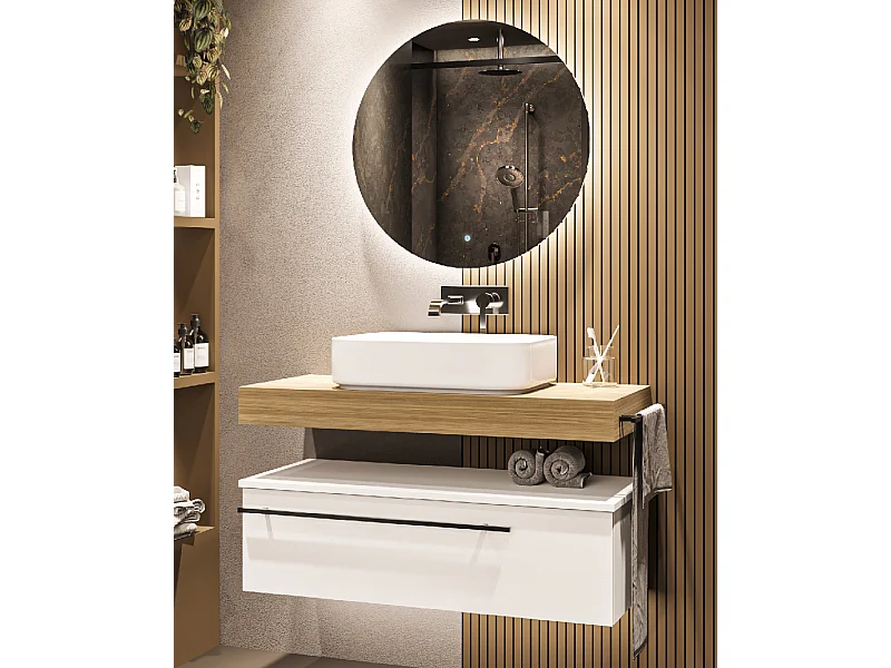 Mobile bagno Top L 100 x P 46 con lavabo in appoggio poro noce cassettiera bianco luce specchio illuminato e p.asciugamano