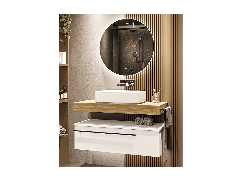 Mobile bagno Top L 100 x P 46 con lavabo in appoggio poro noce cassettiera bianco luce specchio illuminato e p.asciugamano