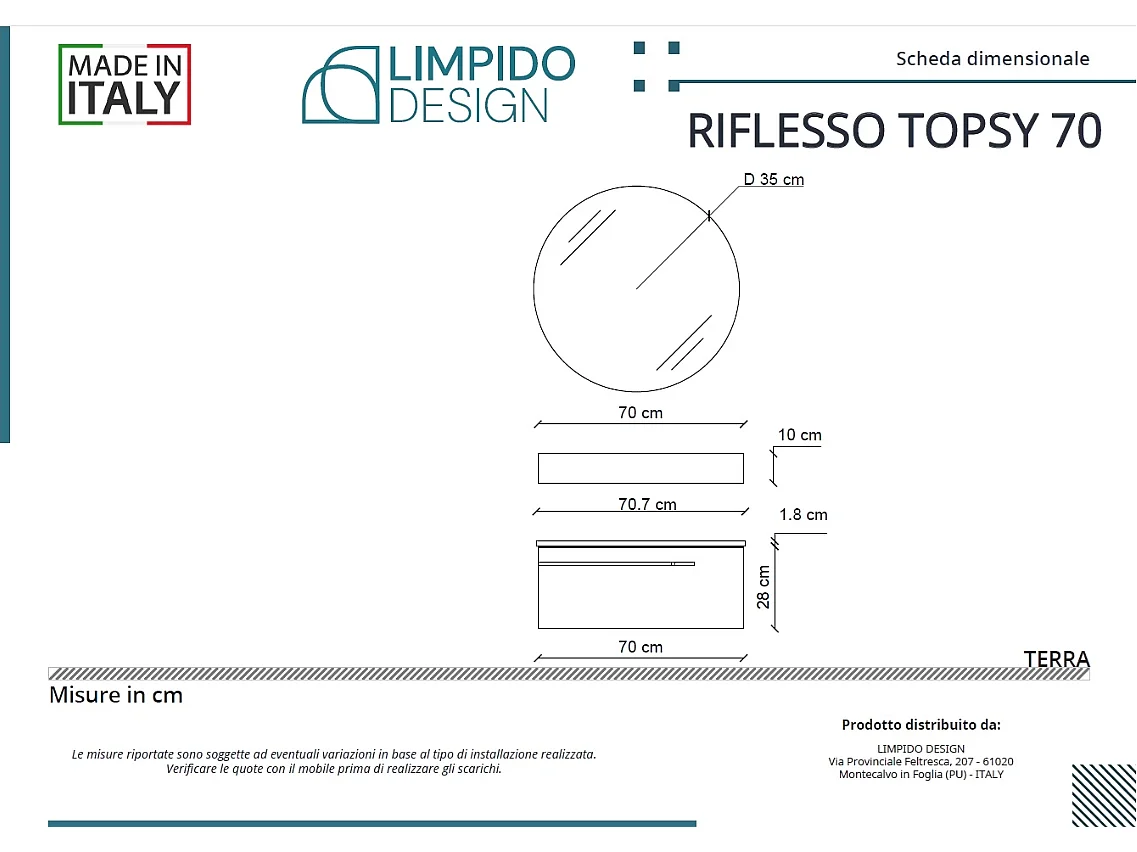 Mobile bagno Top L 70 x P 46 con lavabo in appoggio poro noce cassettiera bianco luce specchio