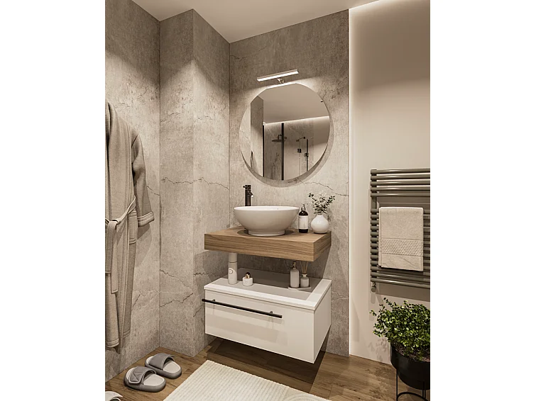 Mobile bagno Top L 70 x P 46 con lavabo in appoggio poro noce cassettiera bianco luce specchio