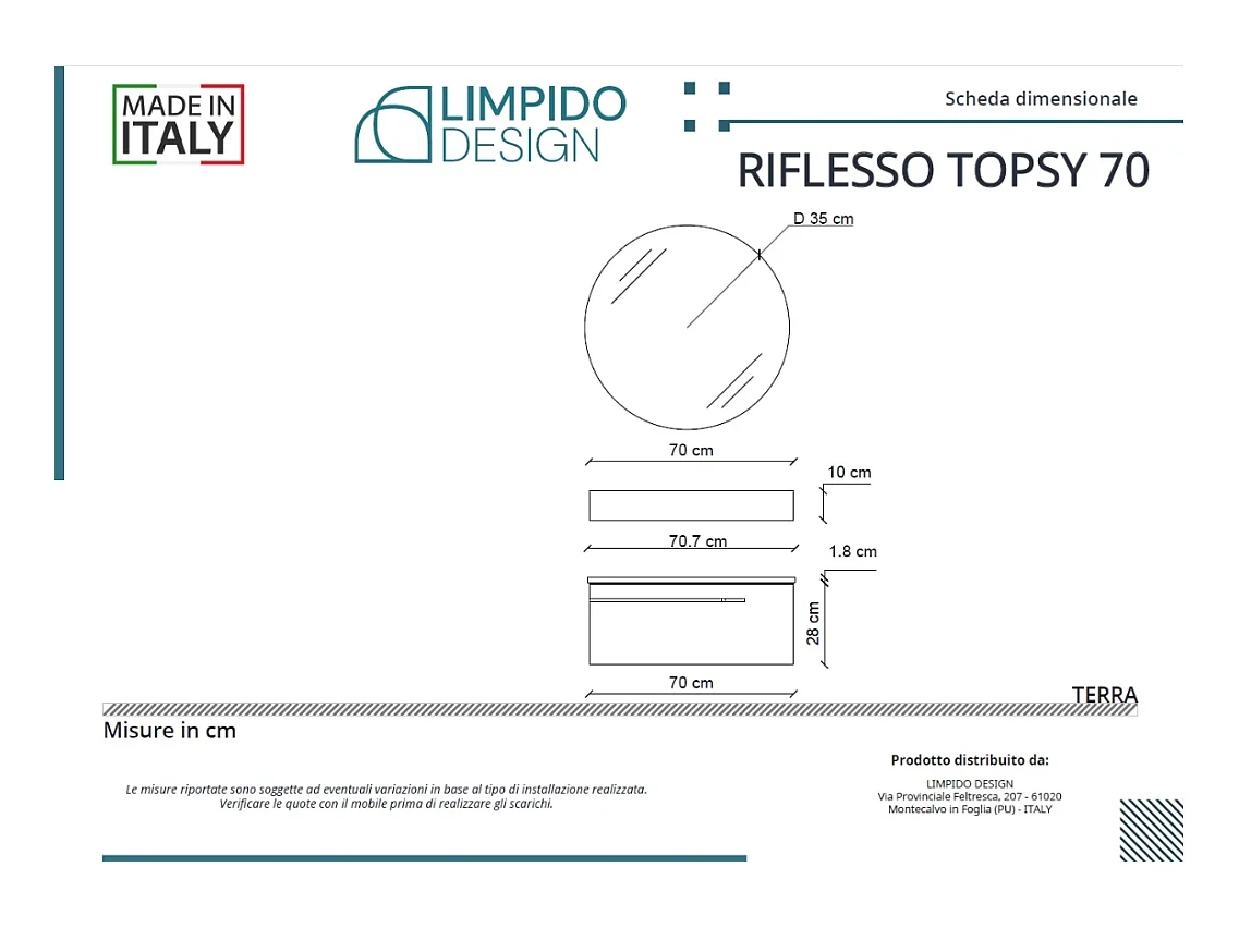 Mobile bagno Top L 70 x P 46 con lavabo in appoggio poro noce cassettiera blu oceano specchio