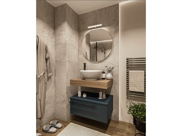 Mobile bagno Top L 70 x P 46 con lavabo in appoggio poro noce cassettiera blu oceano specchio