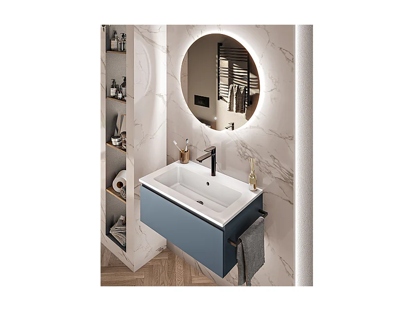 Mobile bagno sottolavabo con lavabo ad incasso L 70 x H 28 x P 46 specchio illuminato e porta asciugamano blu oceano