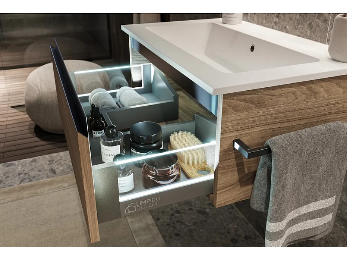 Mobile bagno sottolavabo con lavabo ad incasso L 70 x H 28 x P 46 specchio illuminato e porta asciugamano blu oceano