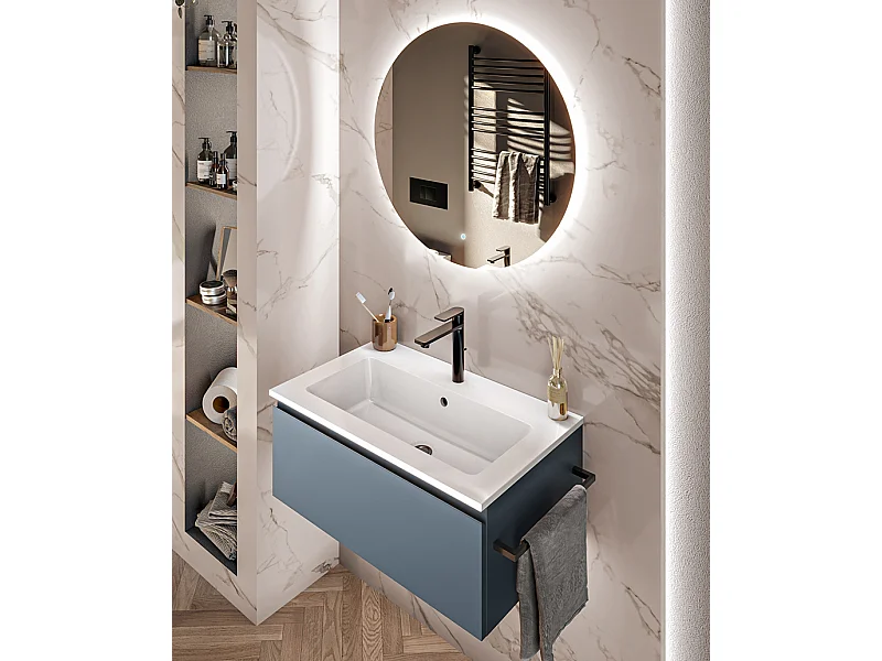 Mobile bagno sottolavabo con lavabo ad incasso L 70 x H 28 x P 46 specchio illuminato e porta asciugamano blu oceano