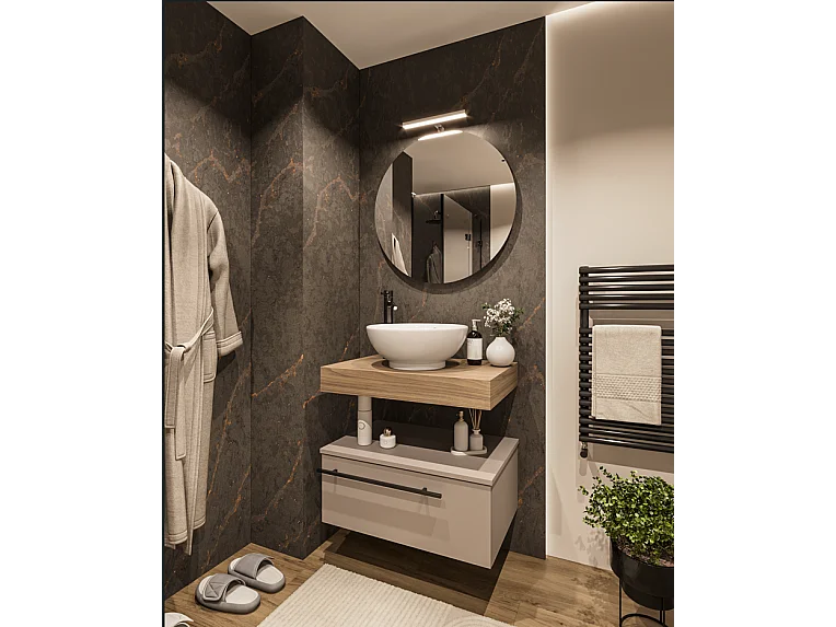 Mobile bagno Top L 70 x P 46 con lavabo in appoggio poro noce cassettiera tortora milano specchio