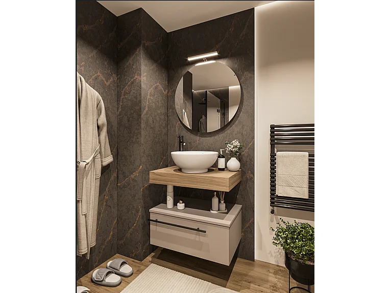 Mobile bagno Top L 70 x P 46 con lavabo in appoggio poro noce cassettiera tortora milano specchio