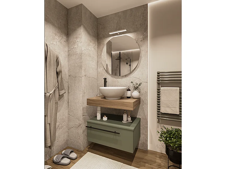 Mobile bagno Top L 70 x P 46 con lavabo in appoggio poro noce cassettiera verde salvia specchio