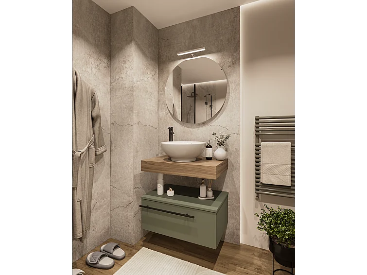 Mobile bagno Top L 70 x P 46 con lavabo in appoggio poro noce cassettiera verde salvia specchio
