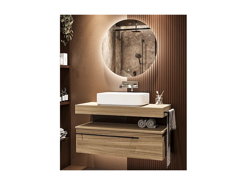 Mobile bagno Top L 100 x P 46 con lavabo in appoggio cassettiera poro noce specchio illuminato e p.asciugamano