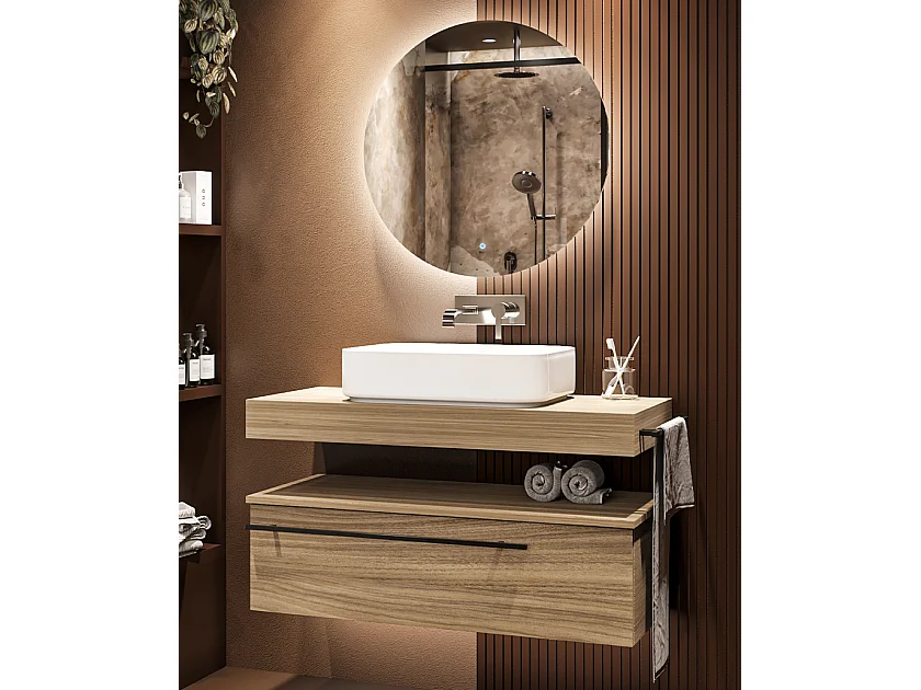 Mobile bagno Top L 100 x P 46 con lavabo in appoggio cassettiera poro noce specchio illuminato e p.asciugamano