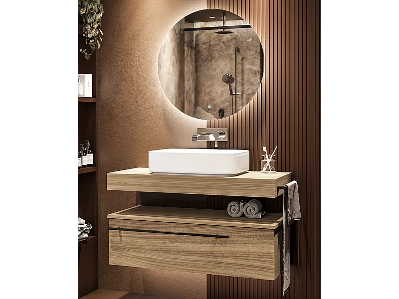 Mobile bagno Top L 100 x P 46 con lavabo in appoggio cassettiera poro noce specchio illuminato e p.asciugamano