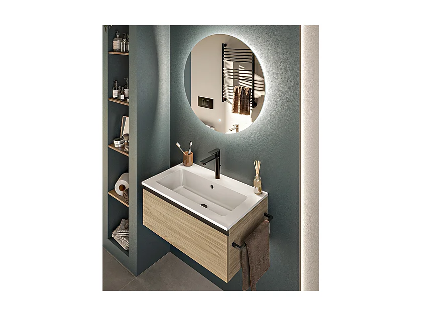 Mobile bagno sottolavabo con lavabo ad incasso L 70 x H 28 x P 46 specchio illuminato e porta asciugamano poro noce