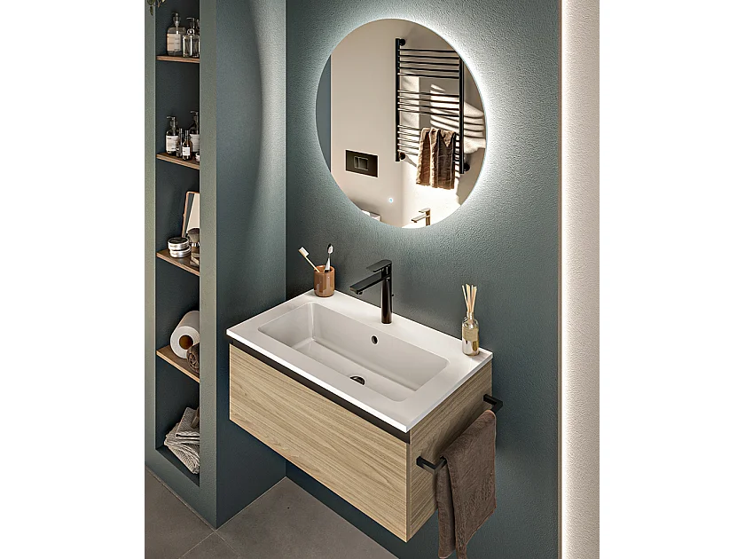 Mobile bagno sottolavabo con lavabo ad incasso L 70 x H 28 x P 46 specchio illuminato e porta asciugamano poro noce