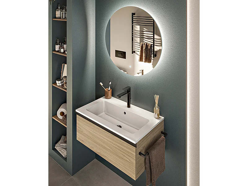 Mobile bagno sottolavabo con lavabo ad incasso L 70 x H 28 x P 46 specchio illuminato e porta asciugamano poro noce
