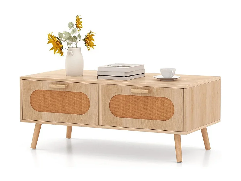 Couchtisch Rattan Wohnzimmertisch mit 2 Schubladen Kaffeetisch 100 x 50 x 41 cm Natur
