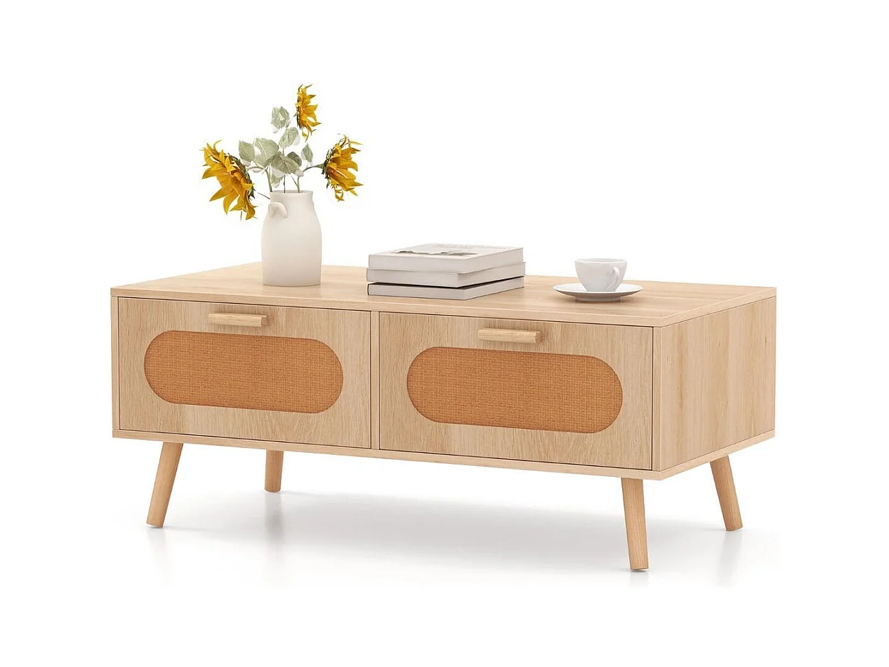 Couchtisch Rattan Wohnzimmertisch mit 2 Schubladen Kaffeetisch 100 x 50 x 41 cm Natur