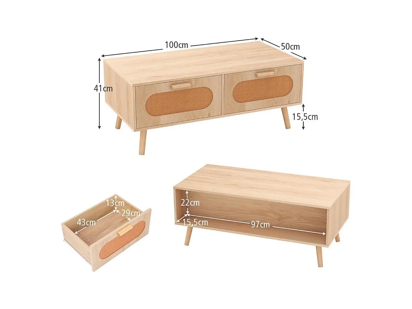 Couchtisch Rattan Wohnzimmertisch mit 2 Schubladen Kaffeetisch 100 x 50 x 41 cm Natur