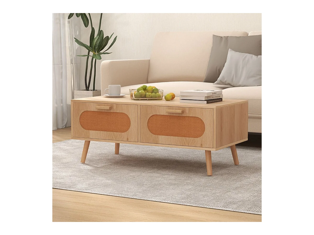 Couchtisch Rattan Wohnzimmertisch mit 2 Schubladen Kaffeetisch 100 x 50 x 41 cm Natur