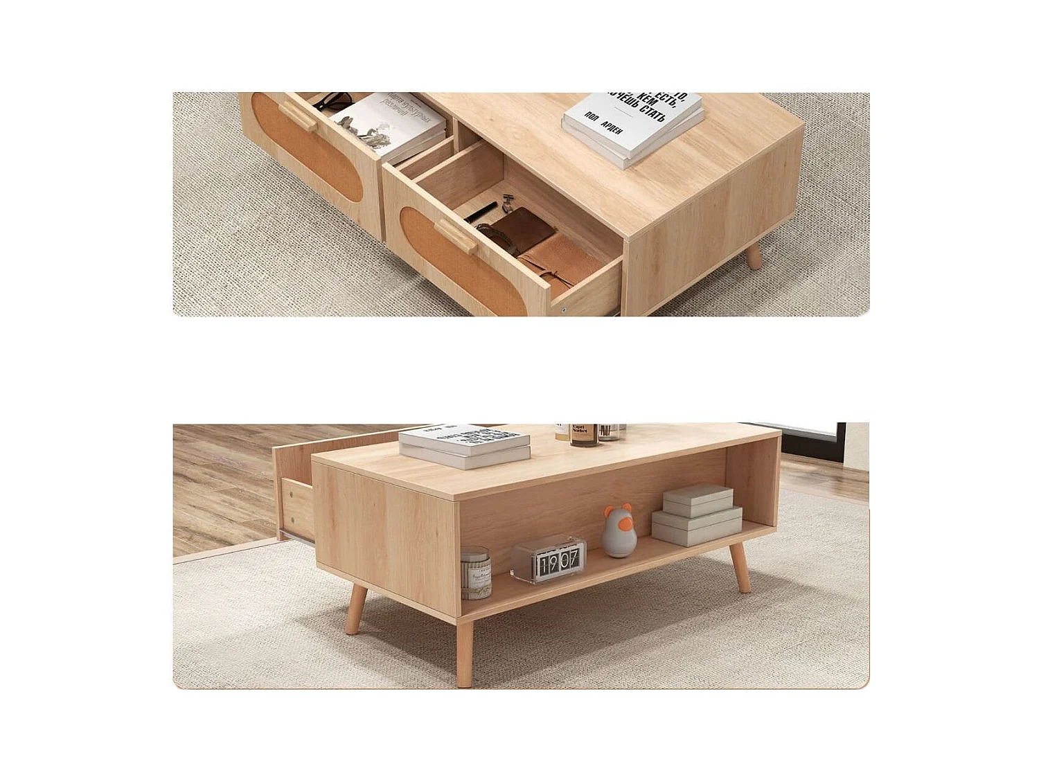 Couchtisch Rattan Wohnzimmertisch mit 2 Schubladen Kaffeetisch 100 x 50 x 41 cm Natur