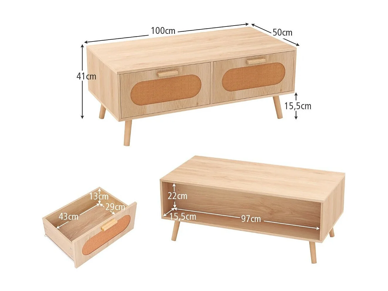 Couchtisch Rattan Wohnzimmertisch mit 2 Schubladen Kaffeetisch 100 x 50 x 41 cm Natur