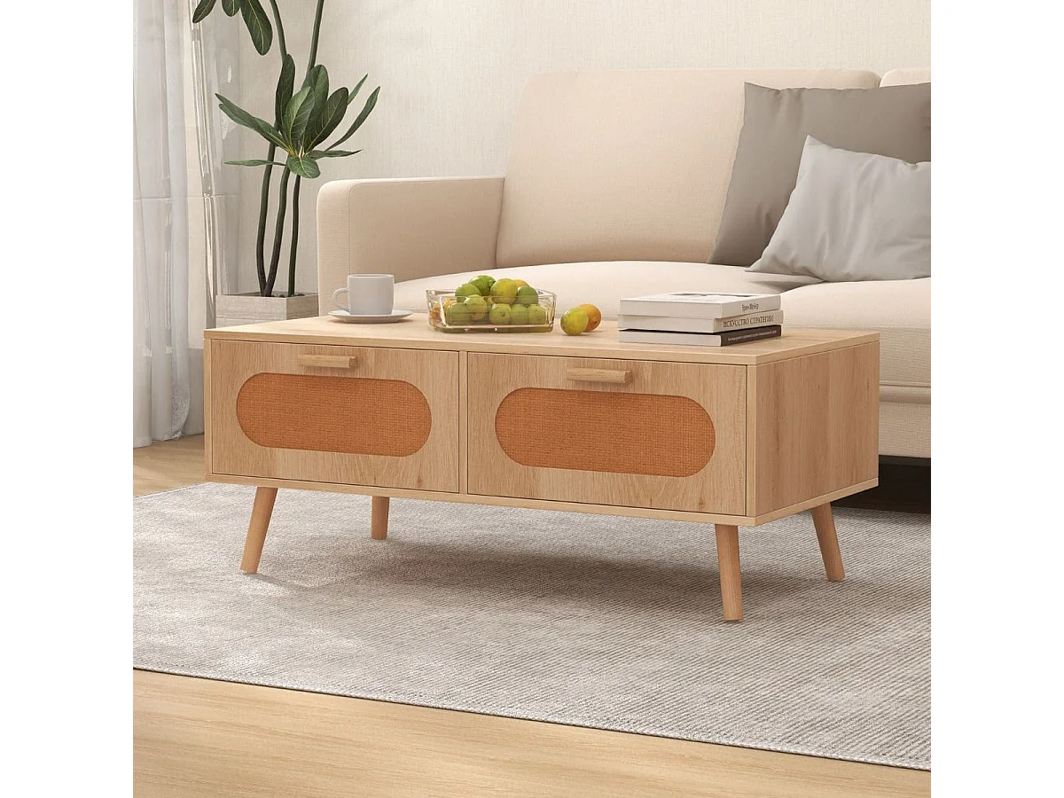 Couchtisch Rattan Wohnzimmertisch mit 2 Schubladen Kaffeetisch 100 x 50 x 41 cm Natur