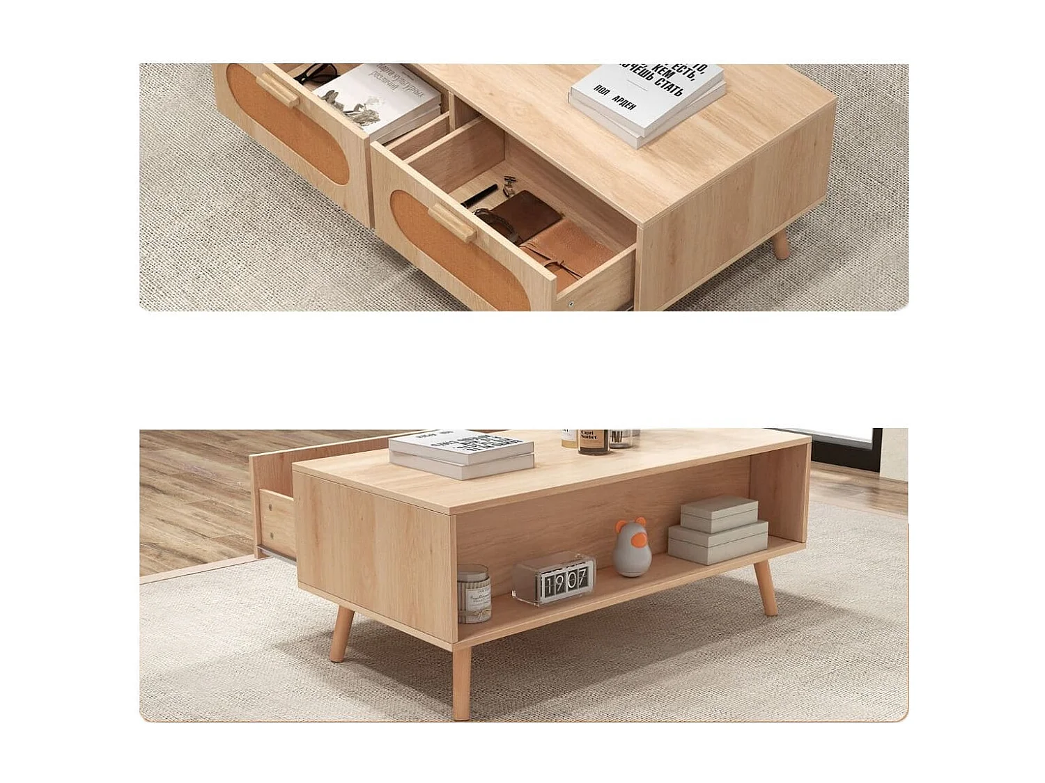 Couchtisch Rattan Wohnzimmertisch mit 2 Schubladen Kaffeetisch 100 x 50 x 41 cm Natur