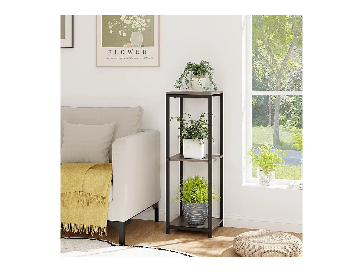 Supports de Plantes Métallique à 3 Niveaux Porte-Plantes d'Angle avec Dispositifs Anti-basculement Organisateur de Pots de Fleurs Carré Gris