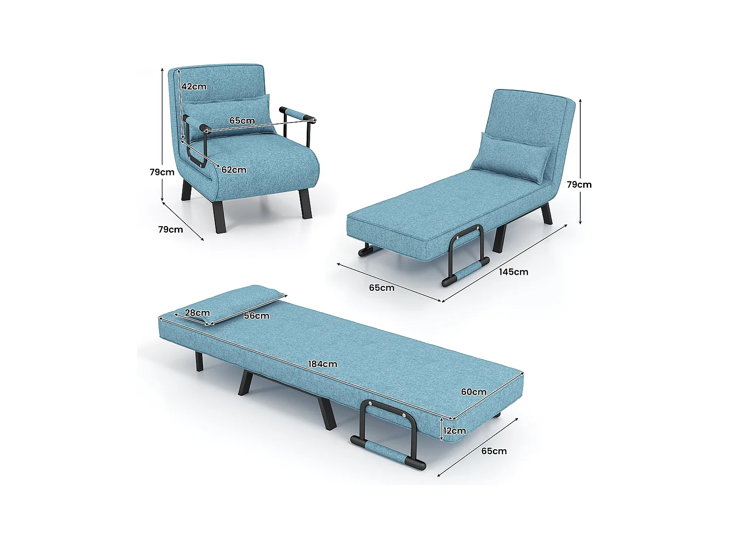 Fauteuil Convertible à Lit 1 Place, Fauteuil de Salon 4-en-1 Dossier Réglable en 6 Positions avec Oreiller Vert