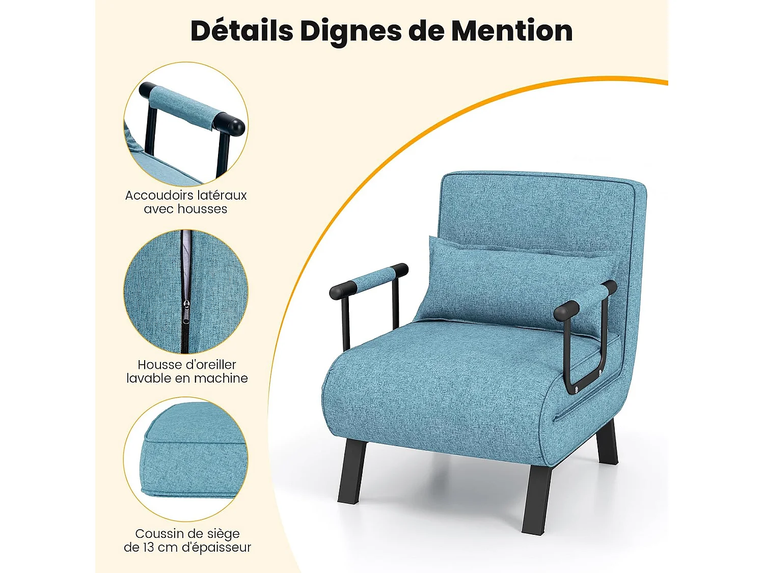 Fauteuil Convertible à Lit 1 Place, Fauteuil de Salon 4-en-1 Dossier Réglable en 6 Positions avec Oreiller Vert