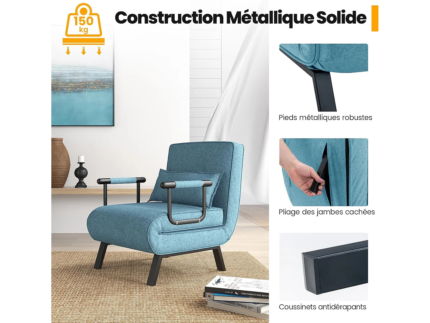 Fauteuil Convertible à Lit 1 Place, Fauteuil de Salon 4-en-1 Dossier Réglable en 6 Positions avec Oreiller Vert