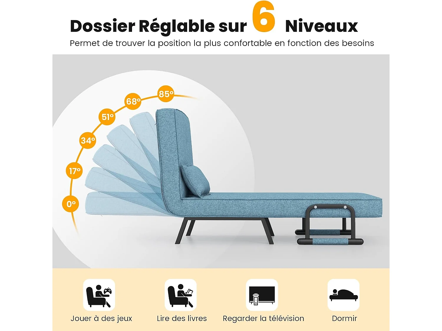 Fauteuil Convertible à Lit 1 Place, Fauteuil de Salon 4-en-1 Dossier Réglable en 6 Positions avec Oreiller Vert