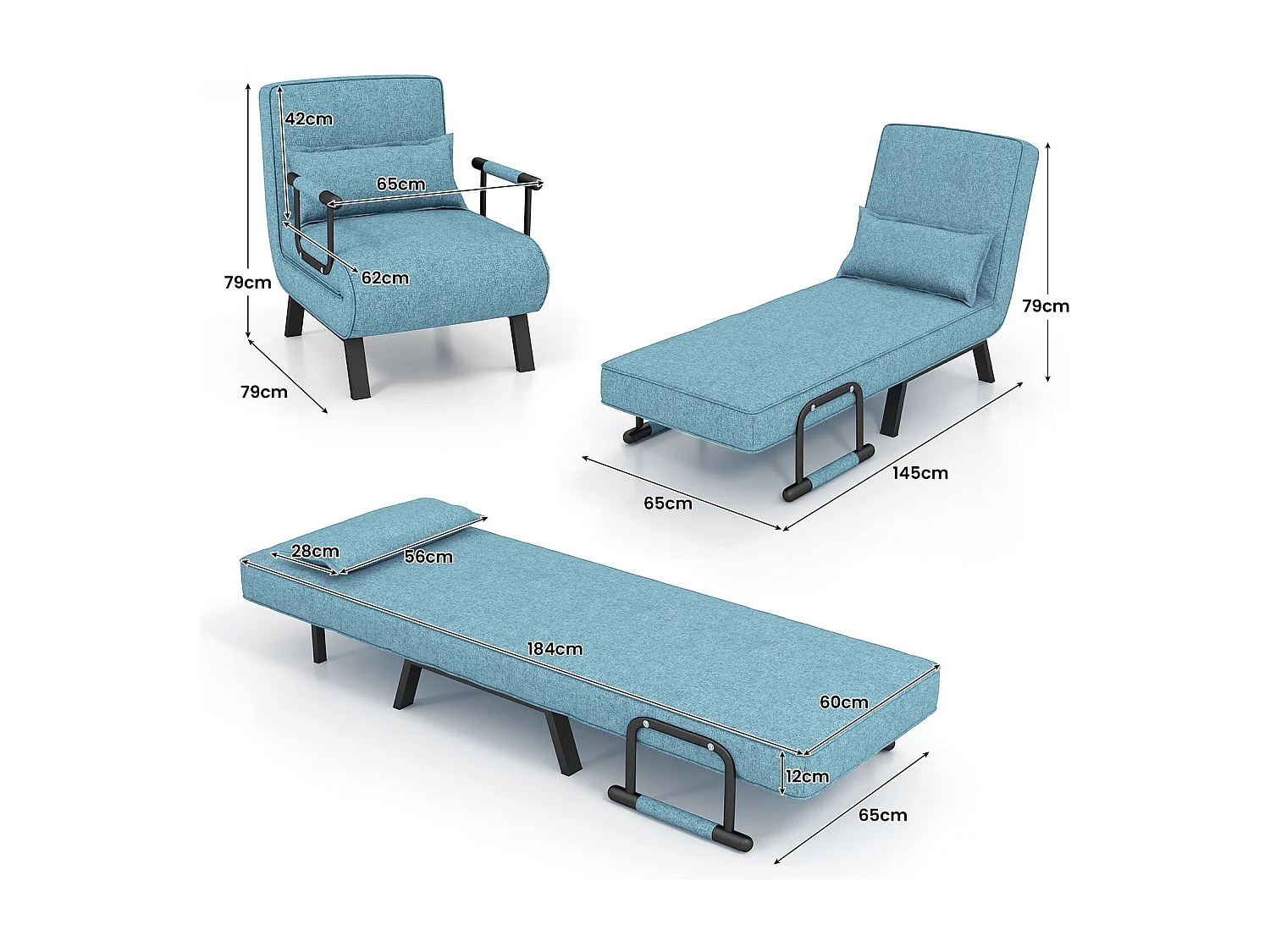 Fauteuil Convertible à Lit 1 Place, Fauteuil de Salon 4-en-1 Dossier Réglable en 6 Positions avec Oreiller Vert