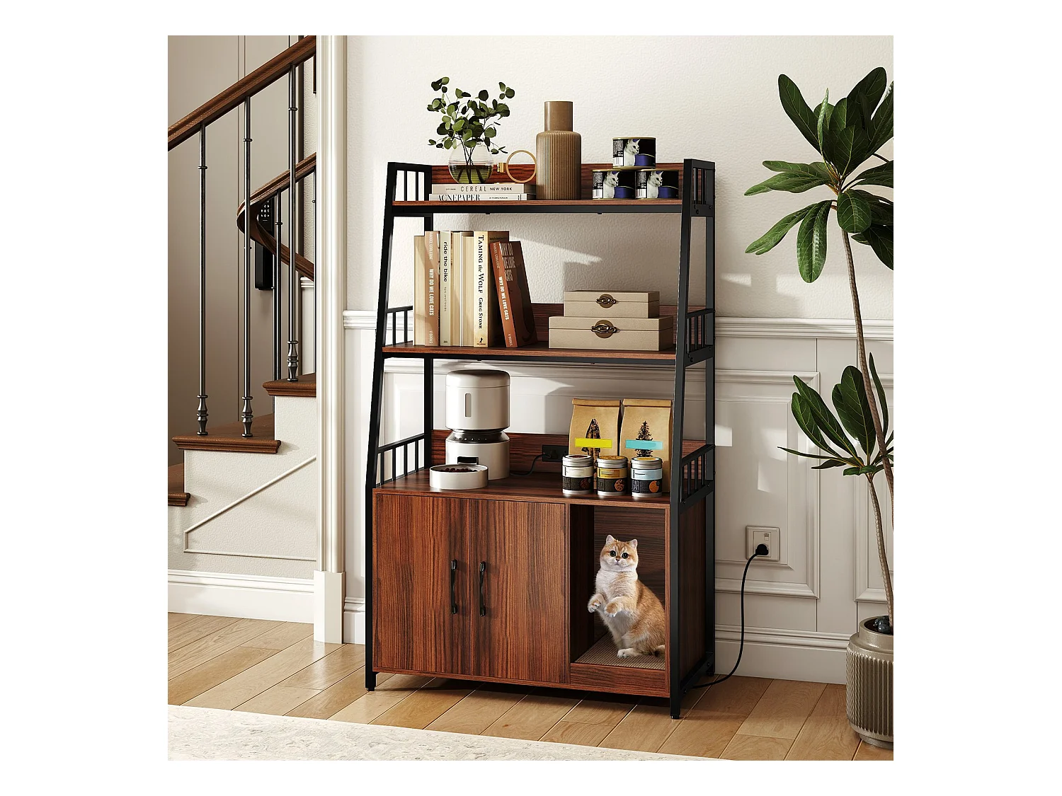 Enclos de Bac à Litière pour Chat avec Étagères de Rangement Grand Meuble de Toilettes Caché pour Chat avec Griffoir Noyer + Noir