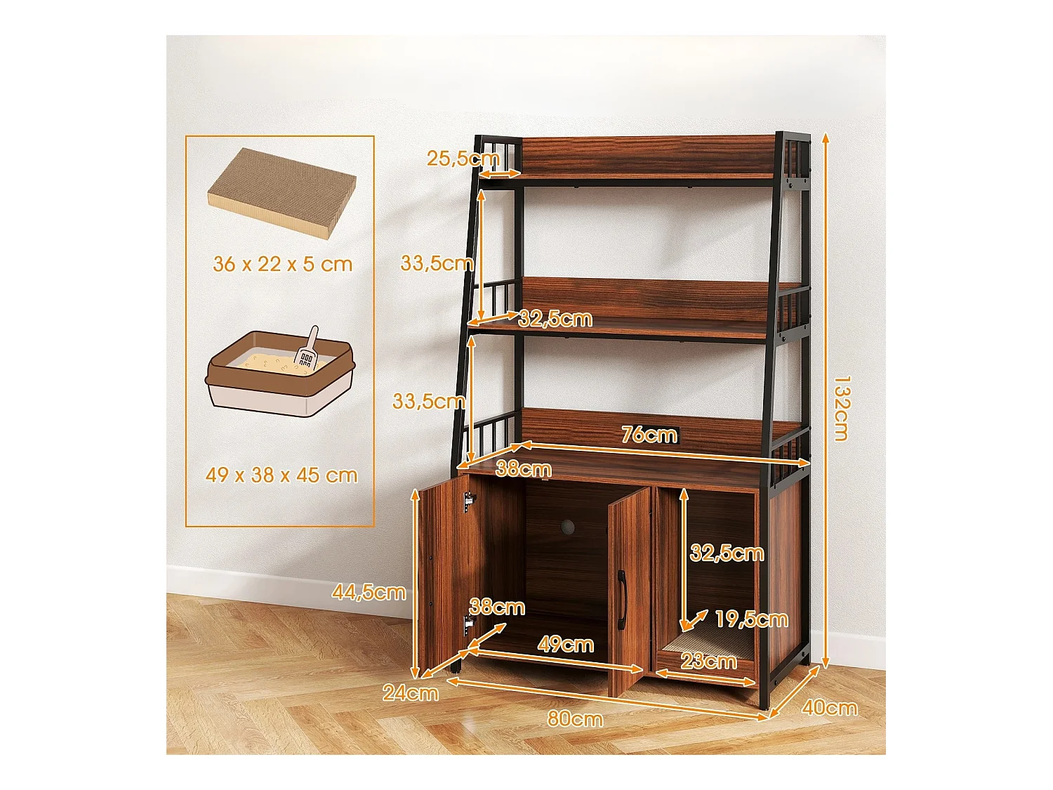 Enclos de Bac à Litière pour Chat avec Étagères de Rangement Grand Meuble de Toilettes Caché pour Chat avec Griffoir Noyer + Noir