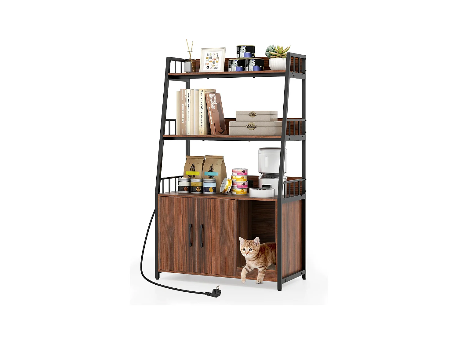 Enclos de Bac à Litière pour Chat avec Étagères de Rangement Grand Meuble de Toilettes Caché pour Chat avec Griffoir Noyer + Noir