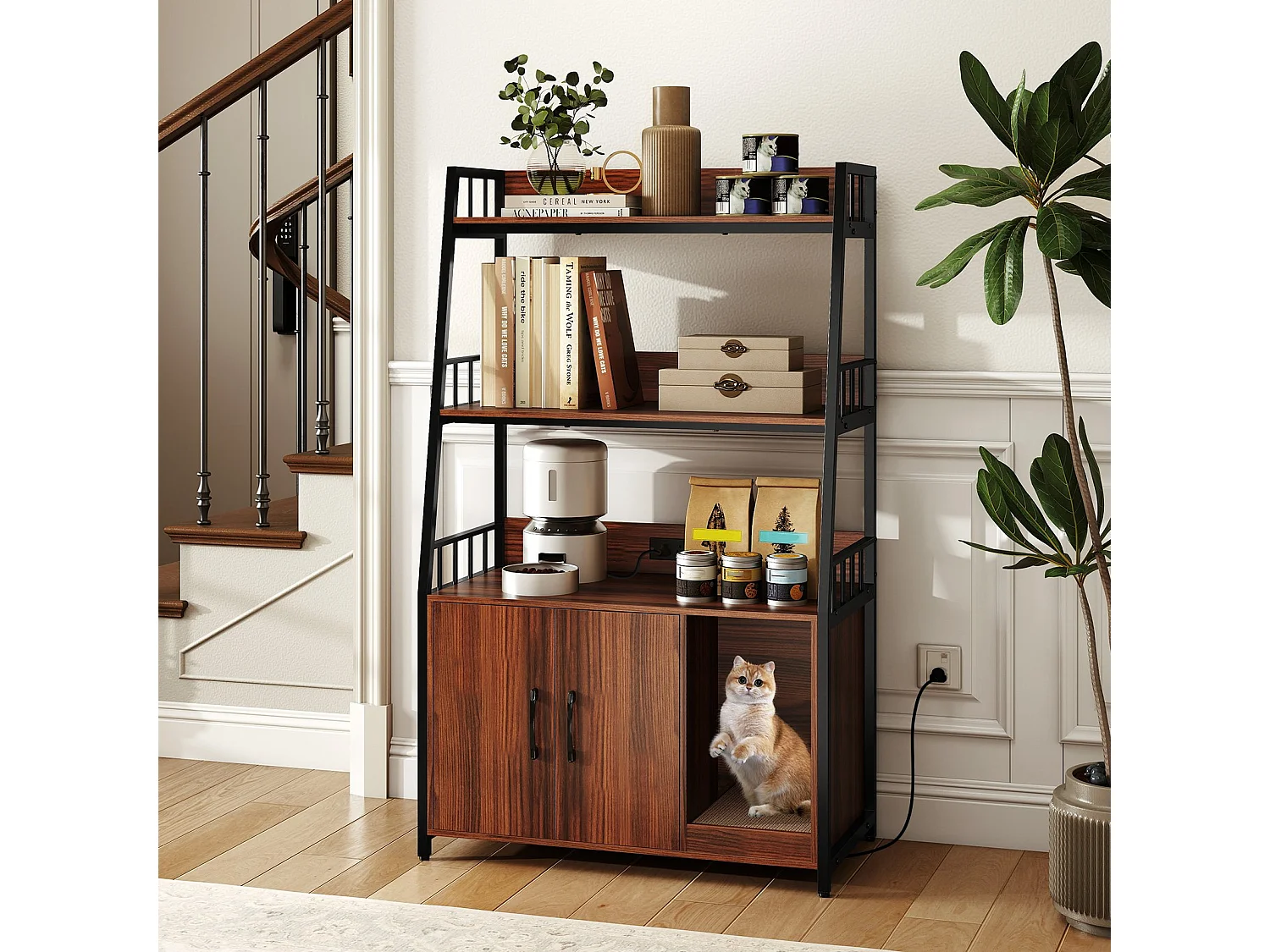 Enclos de Bac à Litière pour Chat avec Étagères de Rangement Grand Meuble de Toilettes Caché pour Chat avec Griffoir Noyer + Noir