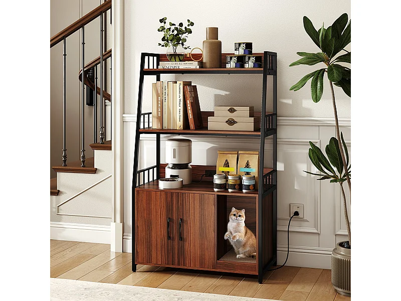 Enclos de Bac à Litière pour Chat avec Étagères de Rangement Grand Meuble de Toilettes Caché pour Chat avec Griffoir Noyer + Noir