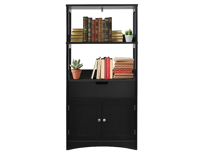 Freistehender Badezimmerschrank mit 2 Türen & 3 offenen Regalen & Schublade Hochschrank Schwarz