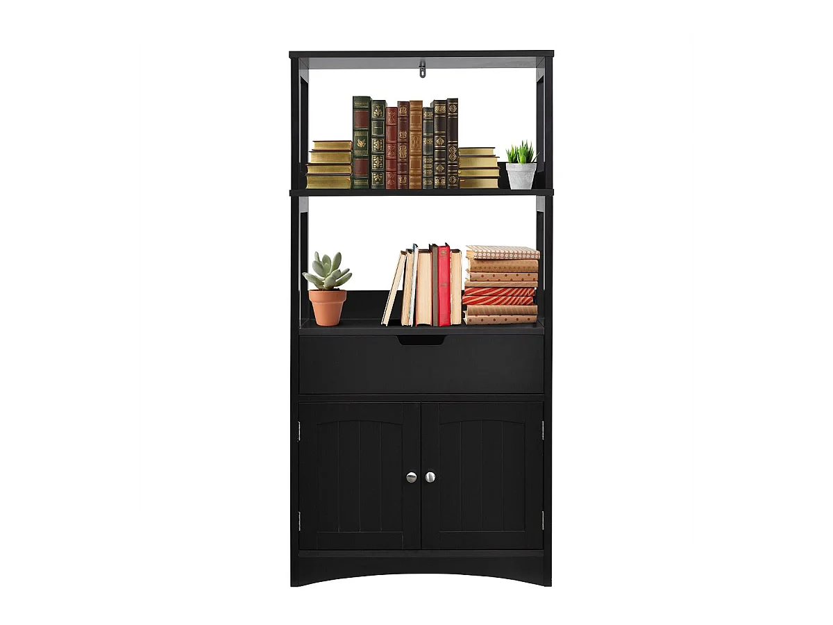 Freistehender Badezimmerschrank mit 2 Türen & 3 offenen Regalen & Schublade Hochschrank Schwarz