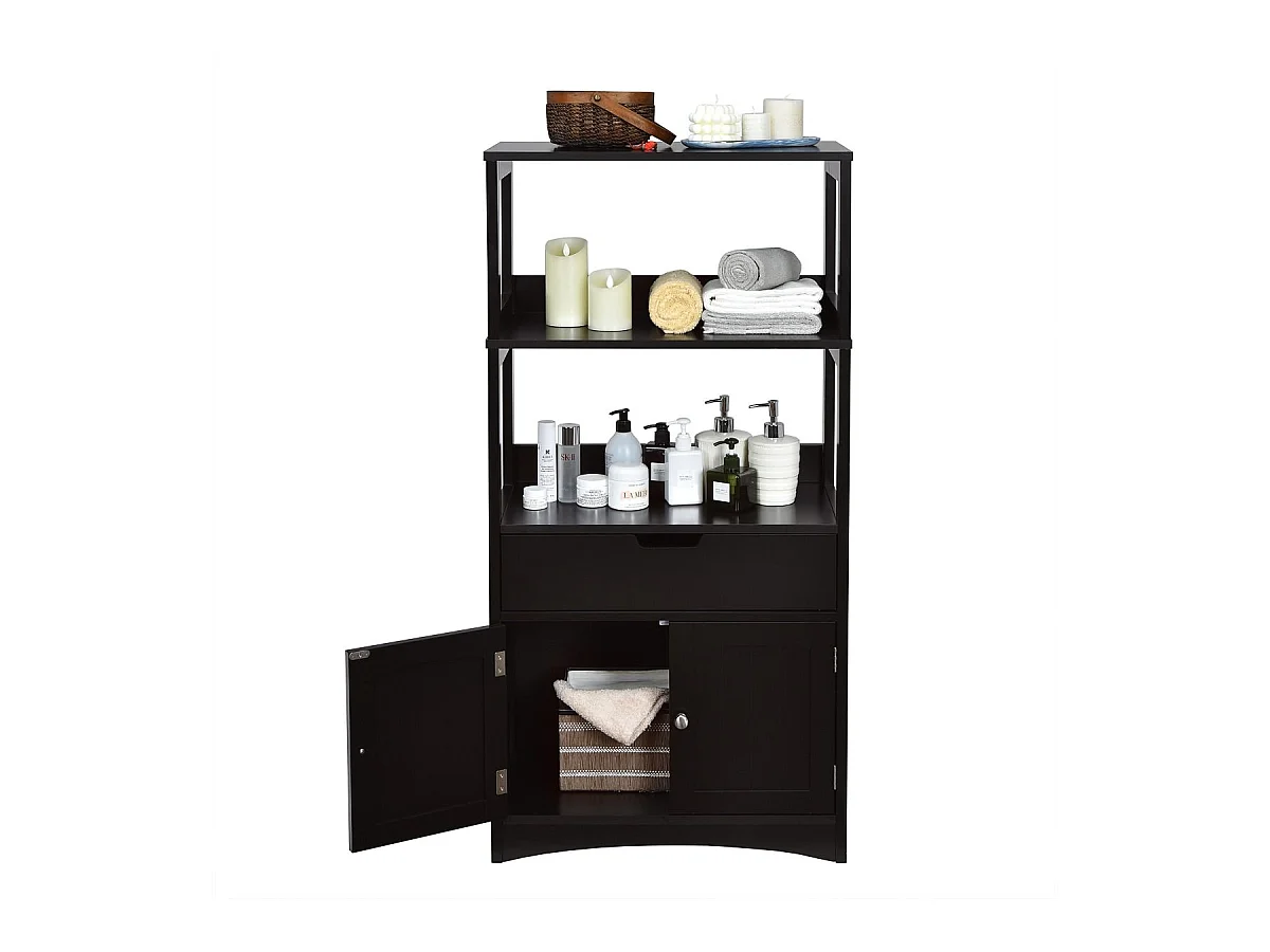 Freistehender Badezimmerschrank mit 2 Türen & 3 offenen Regalen & Schublade Hochschrank Schwarz